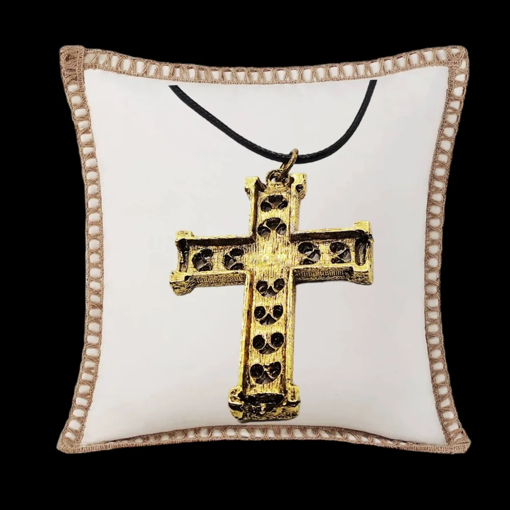 Gold Plated Cross with a Beautiful Embossed Design and Black Leather Necklace